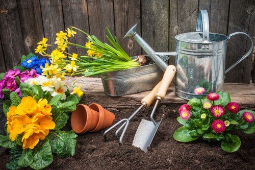 A redesigned Hainault garden with patio, borders, and low-maintenance features
